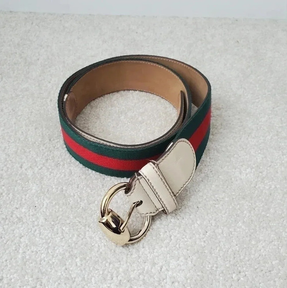Gucci Green & Red Web Canvas Belt Leather Trim Gold Horsebit Buckle Unisex - Picture 2 of 13